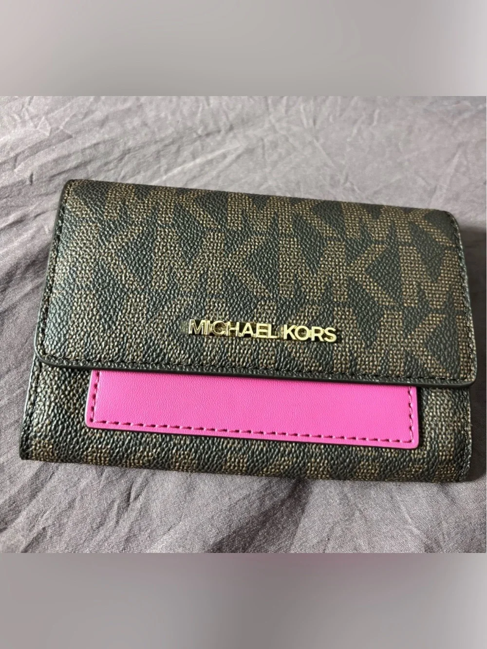 Michael Kors Brown MK Logo Wallet with Hot Pink Trim